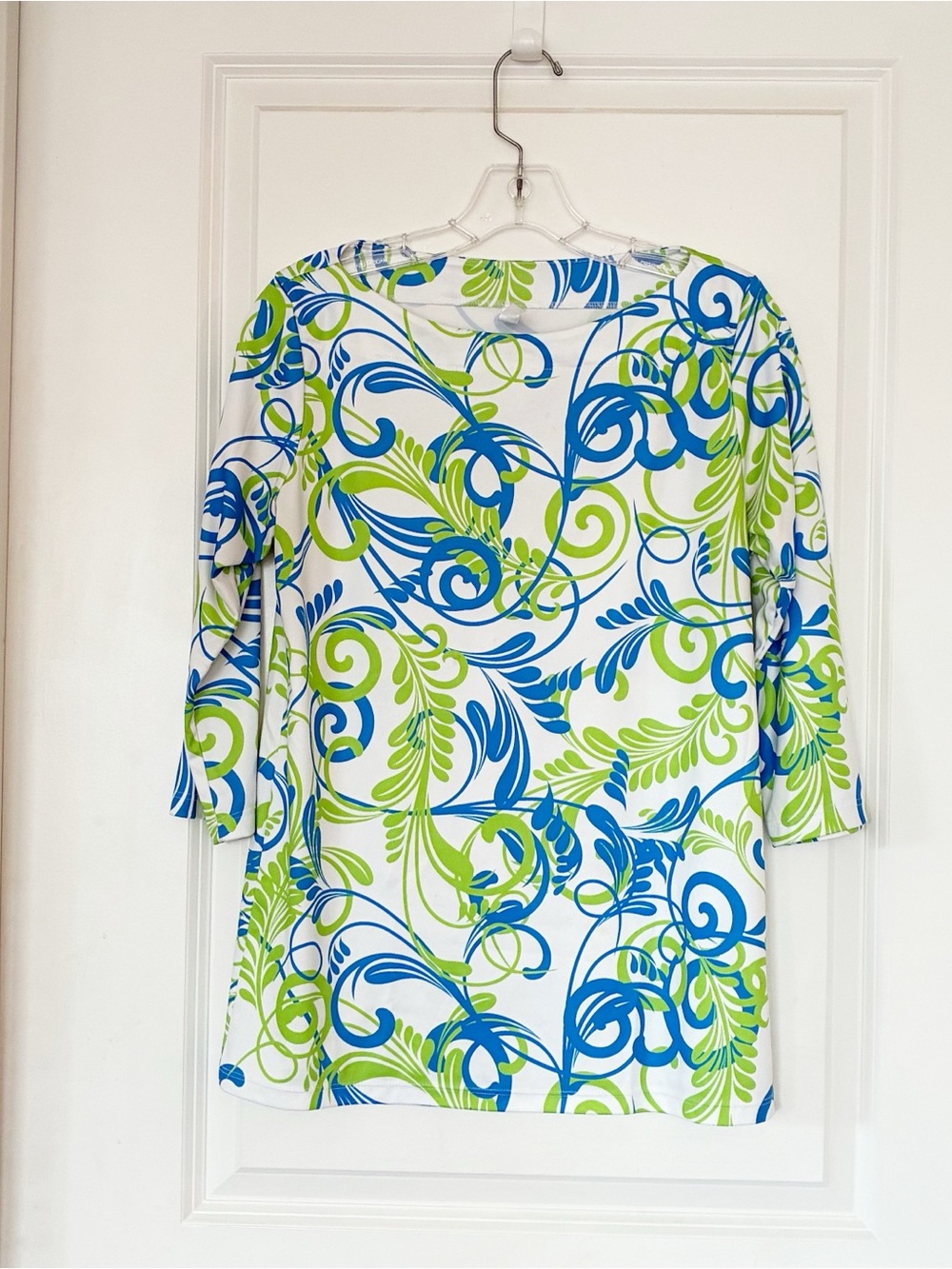 Whimsy Rose Safe Sun UPF Tunic Top- white, green blue 3/4 sleeve – Size Large